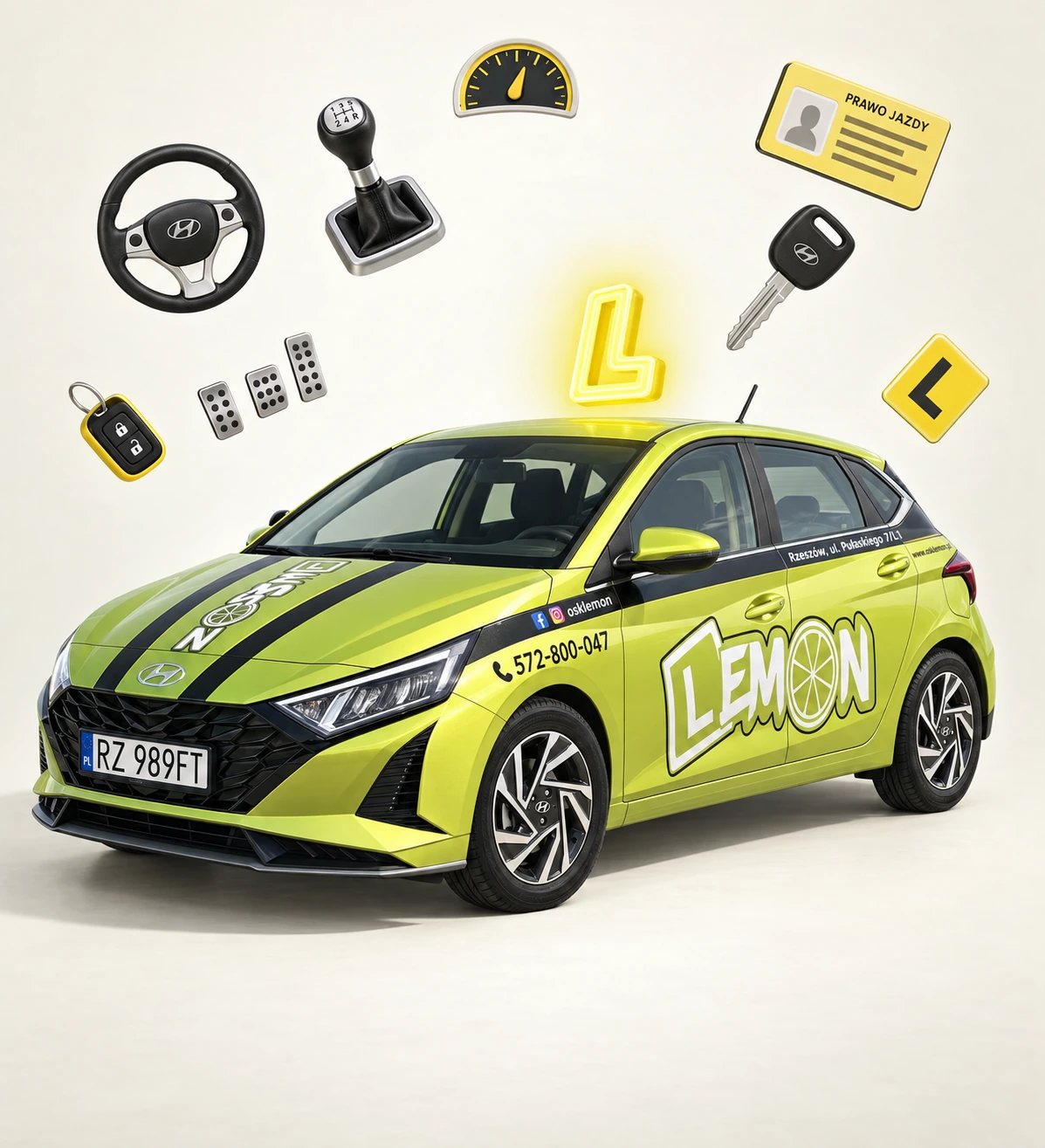 Лаймовий Hyundai i20 з логотипом Lemon, оточений символами навчання водіння